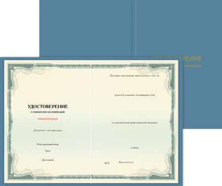 Удостоверение о повышении квалификации, с твёрдой обложкой (установленный образец)  (Уровень "Б", печать от заказа № 16804,054пф-п/ф Удостовер. о повыш. квалиф. (флаг, более 16 ч))