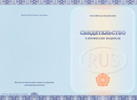 Свидетельство о профессии водителя, без твёрдой обложки (установленный образец)